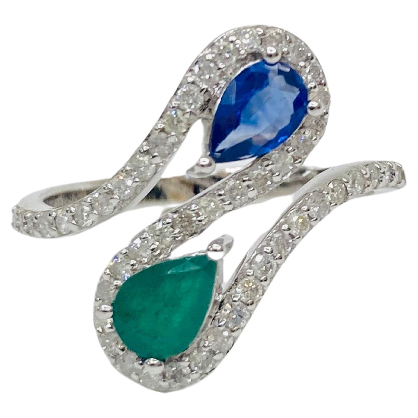 Bochic 2 Color Vintage Emerald & Sapphire 18K Gold & Diamond Cluster Ring.