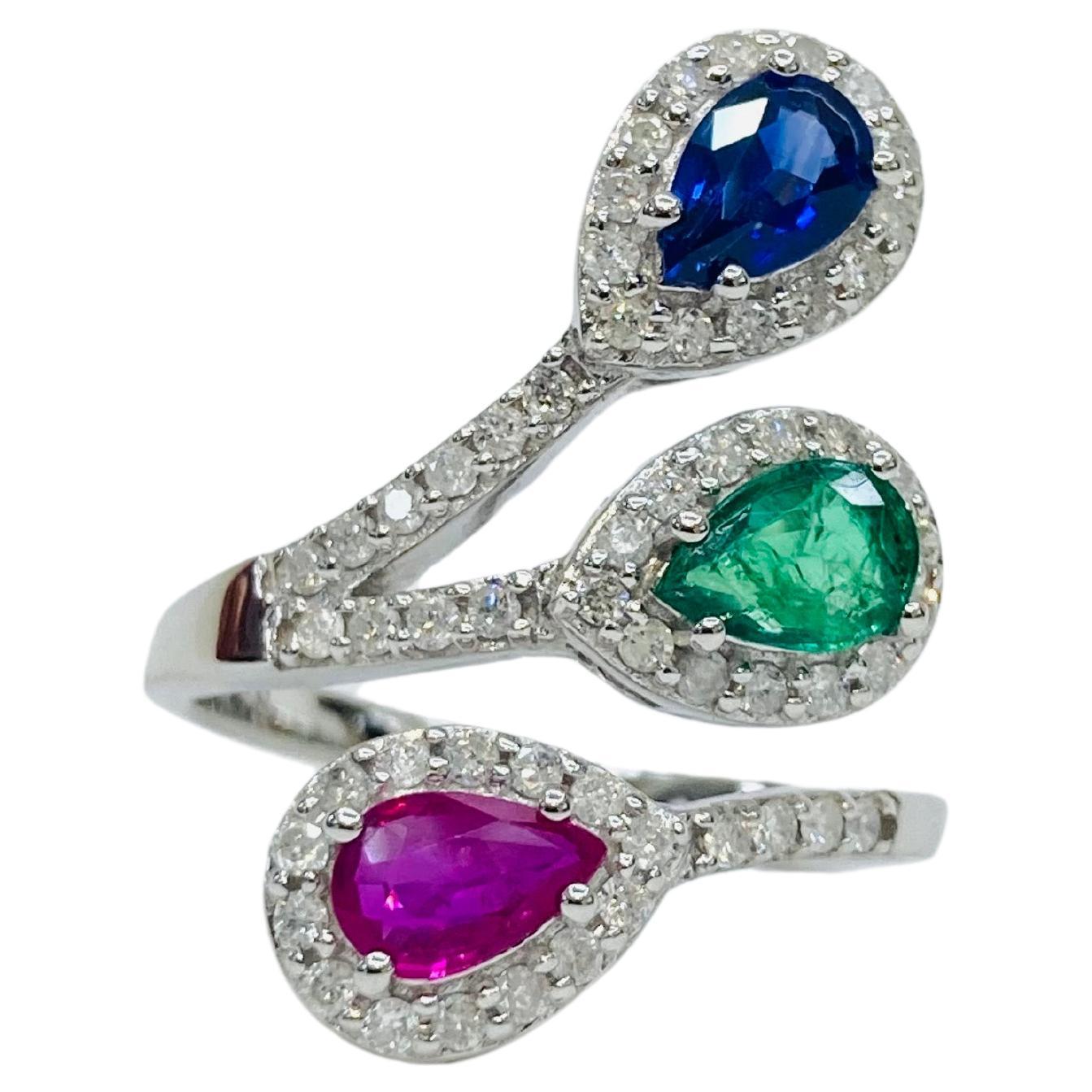 Bochic 3 Farbe Vintage Rubin, Smaragd, Saphire 18K Gold & Diamant-Cluster-Ring. im Angebot