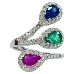 Bochic 3 Color Vintage Ruby, Emerald, Sapphires 18K Gold & Diamond Cluster Ring.