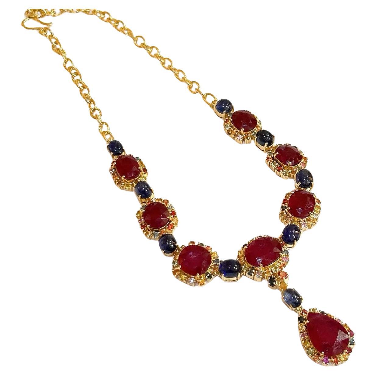 Bochic “Baroque” Ruby, Blue Sapphire & Multi Sapphire In 18K Gold and silver 

Natural Red Ruby 67 Carats 
Natural Sapphires - 27 Carats 

This Necklace is from the 