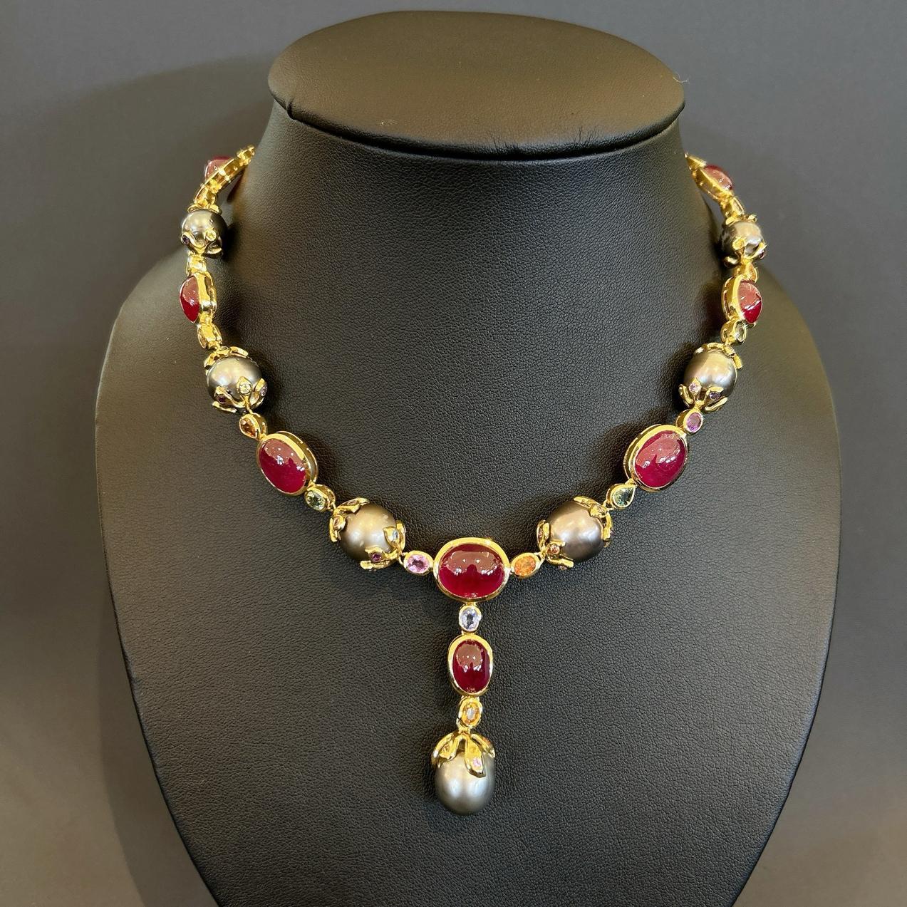 Cabochon Bochic “Baroque” Ruby, Pearl & Sapphire Necklace Set In 18K Gold & Silver For Sale