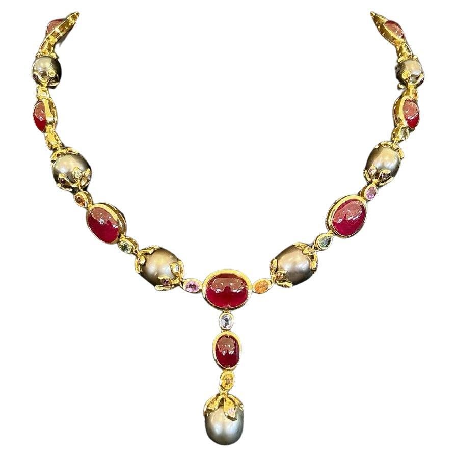 Bochic “Baroque” Ruby, Pearl & Sapphire Necklace Set In 18K Gold & Silver For Sale