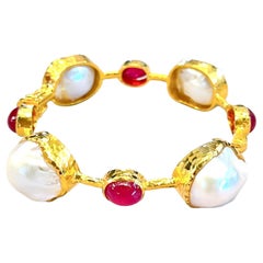 Bochic “Capri” Baroque South Sea Pearl & Ruby set 22k Gold & Silver Bangle