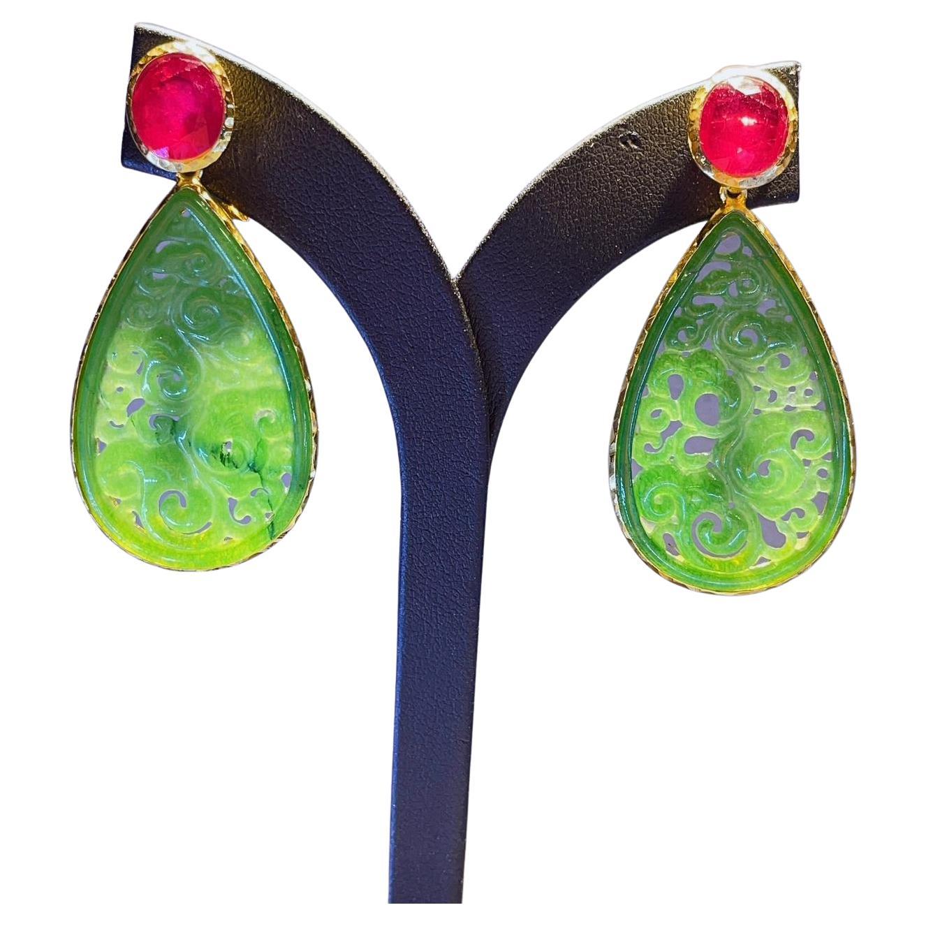 Bochic Beautiful “Orient” Green Jade, Blue Sapphire & Red Ruby Earrings For Sale