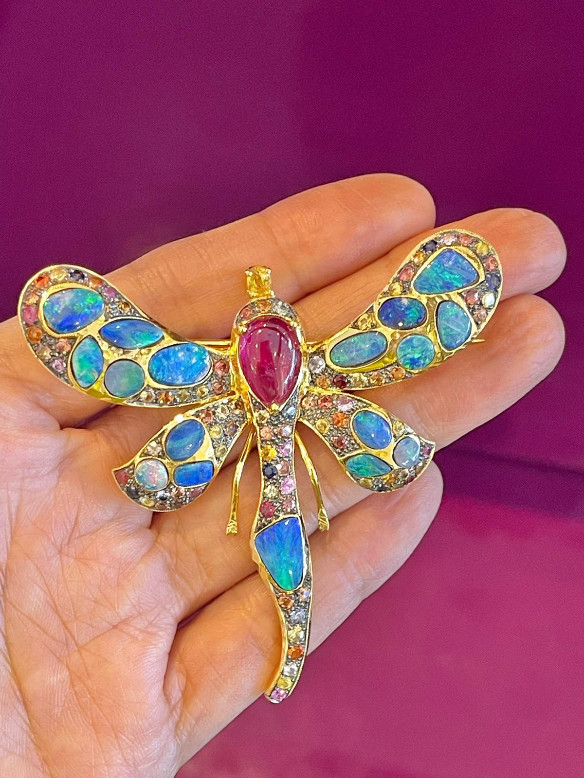 Baroque Bochic “Candy Butterfly” Blue Fire Opal, Ruby & Sapphire Brooch