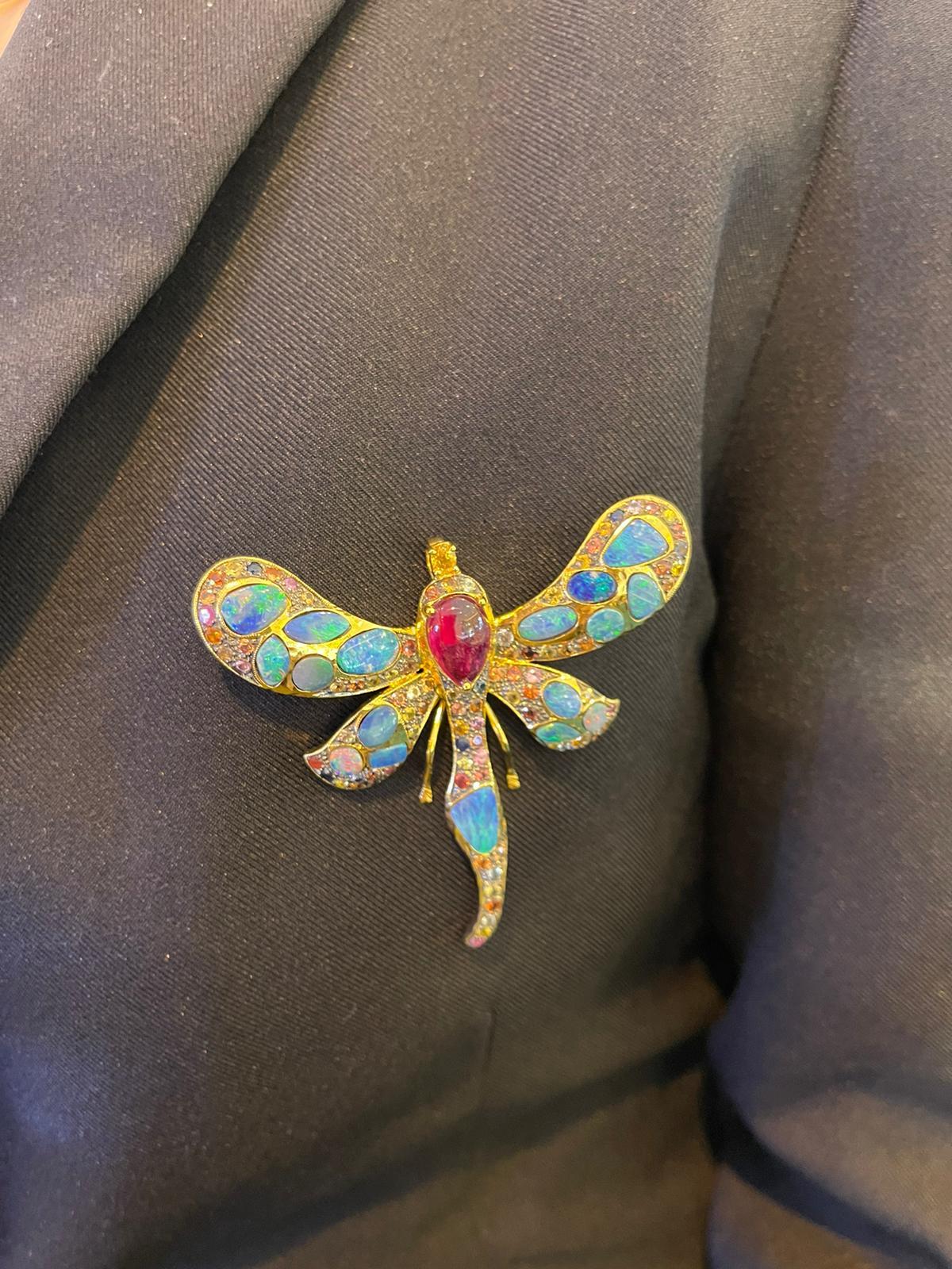 Antique Cushion Cut Bochic “Candy Butterfly” Blue Fire Opal, Ruby & Sapphire Brooch
