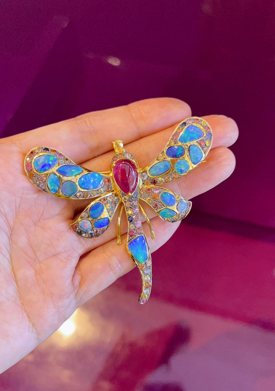 Bochic “Candy Butterfly” Blue Fire Opal, Ruby & Sapphire Brooch In New Condition In New York, NY