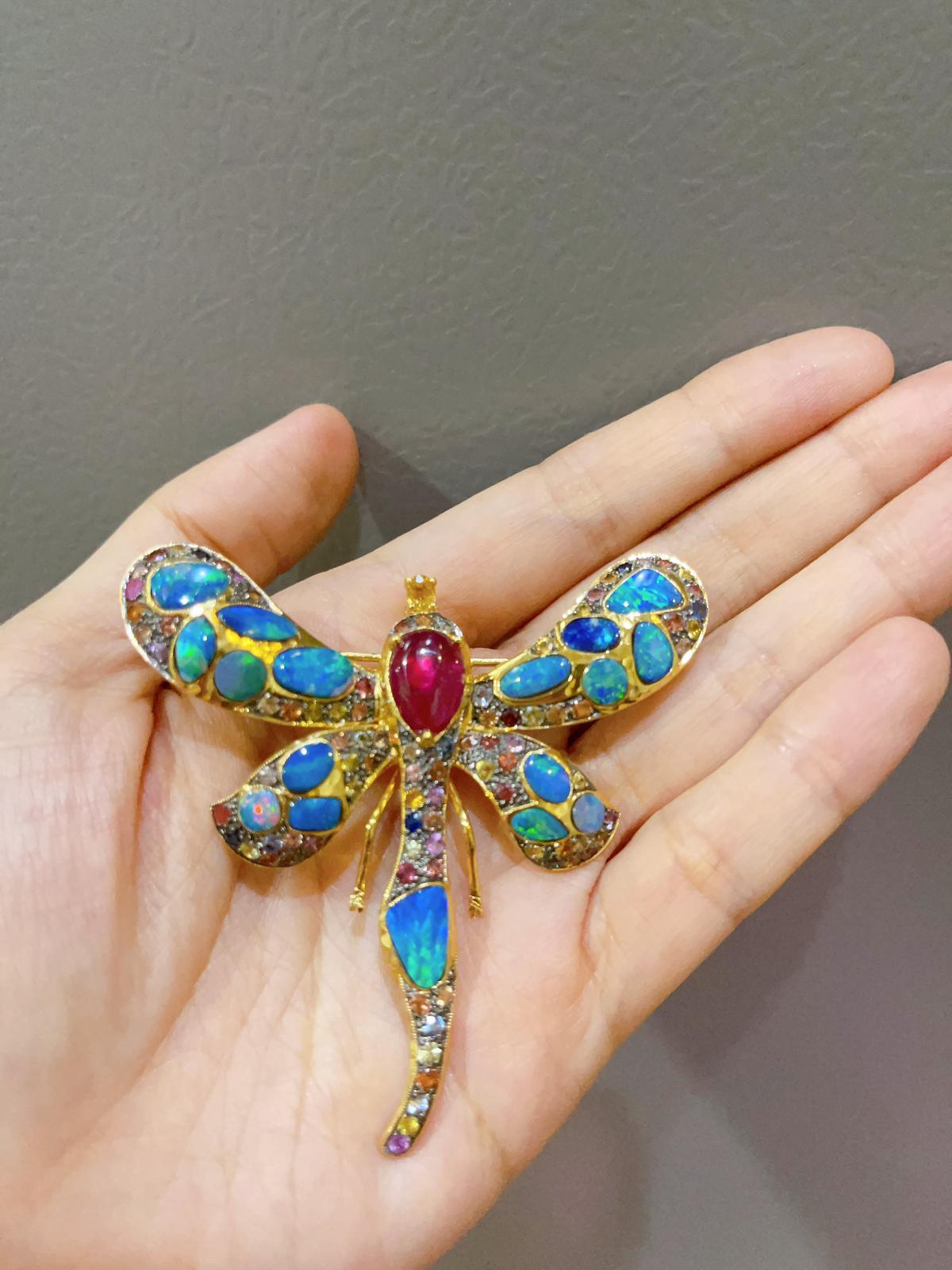 Bochic “Candy Butterfly” Blue Fire Opal, Ruby & Sapphire Brooch 2