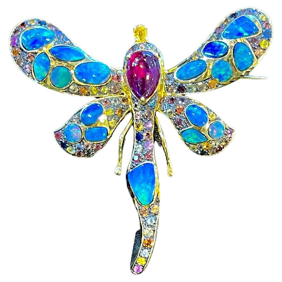 Bochic “Candy Butterfly” Blue Fire Opal, Ruby & Sapphire Brooch