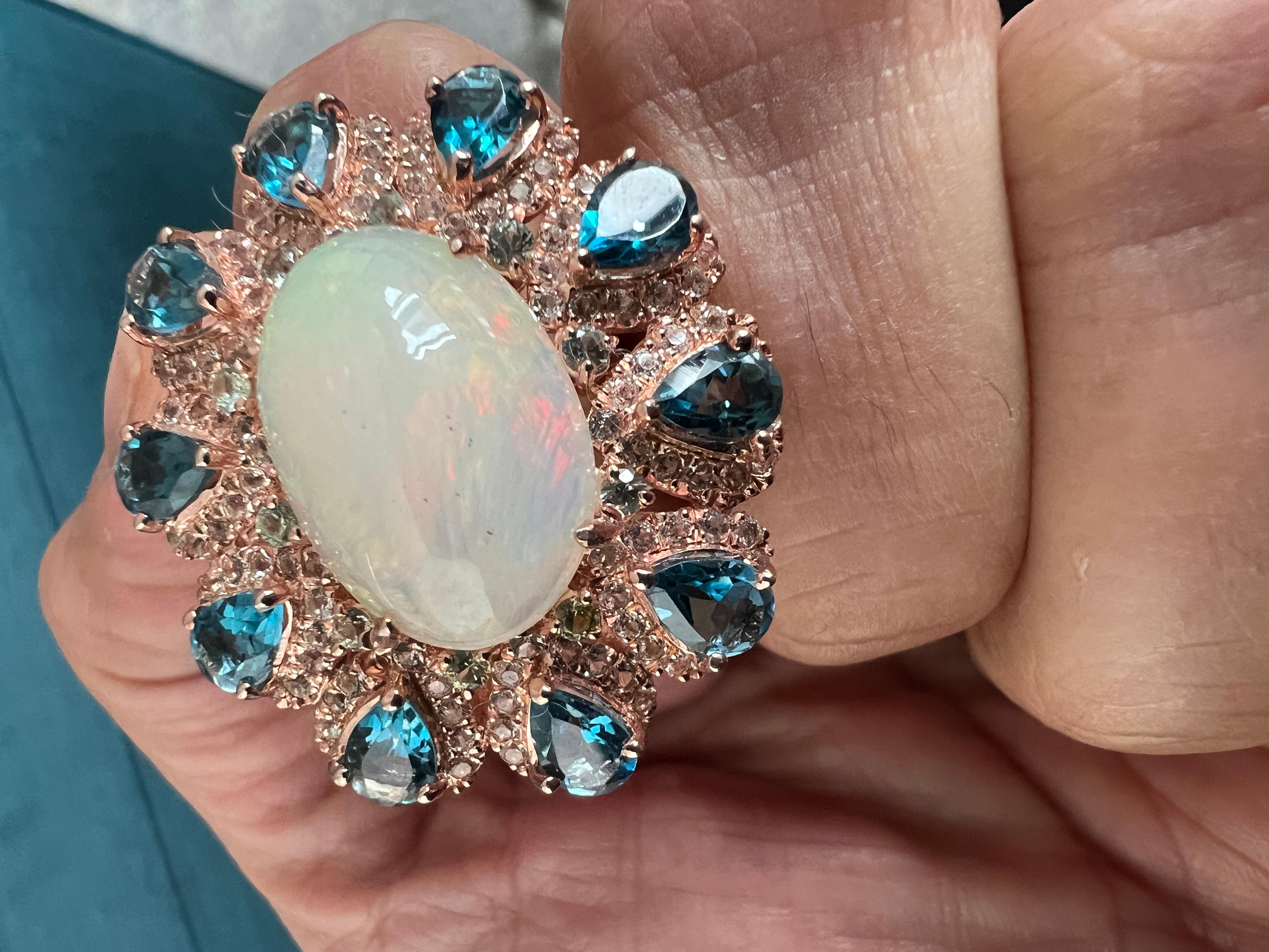 Art Nouveau Bochic “Capri” Cocktail Ring, Opal, London Blue Topaz, Silver and 22k Pink Gold