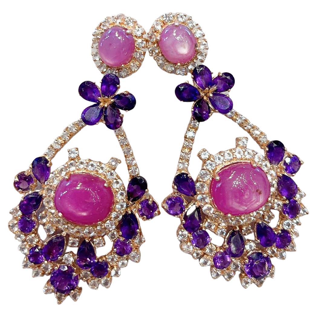 Bochic “Capri “ Candy Drop Earrings, Natural Ruby, Amethyst & Topaz For Sale