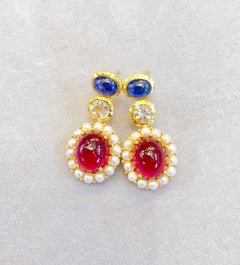 Bochic “Capri” Vintage Candy Natural Ruby and Sapphire Drop Earrings 18K, Silver