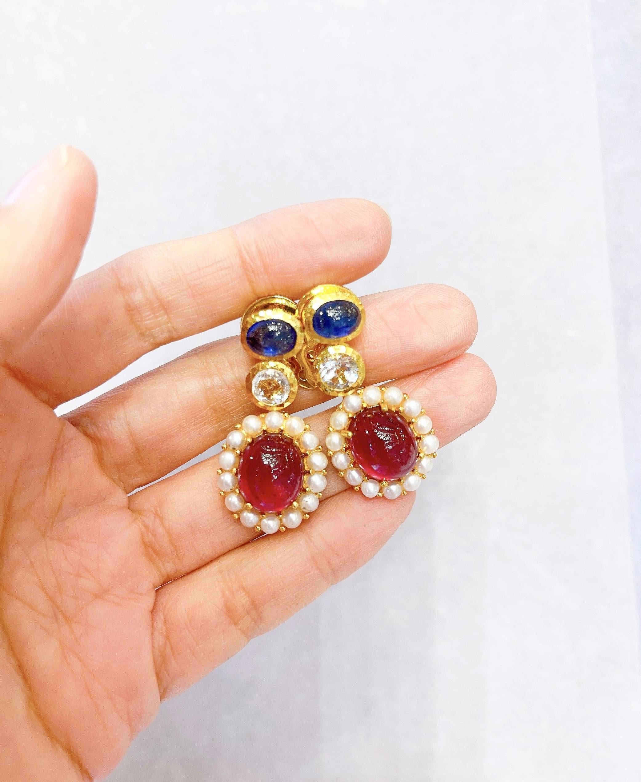 Art Nouveau Bochic “Capri” Candy Natural Ruby and Sapphire Drop Earrings For Sale