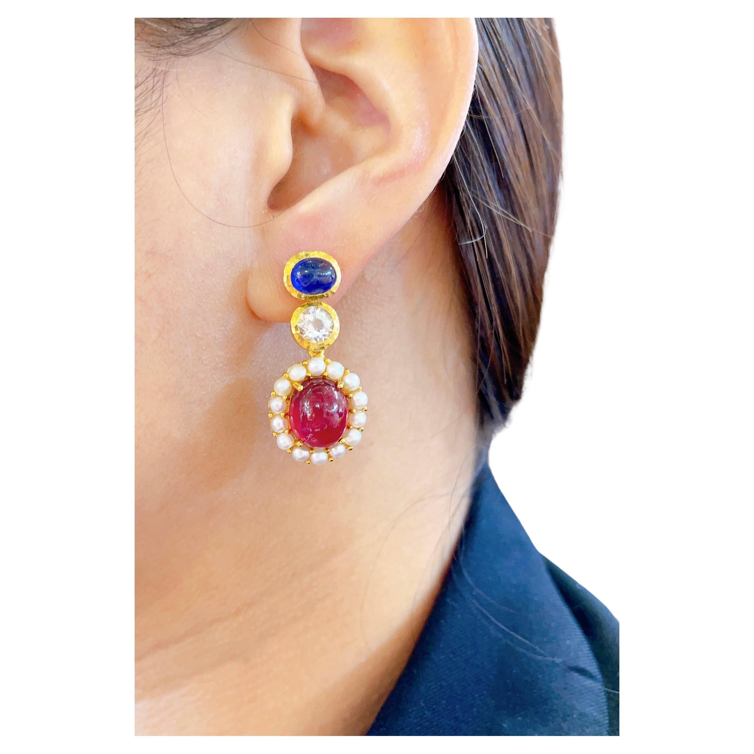 Bochic “Capri” Candy Natural Ruby and Sapphire Drop Earrings For Sale