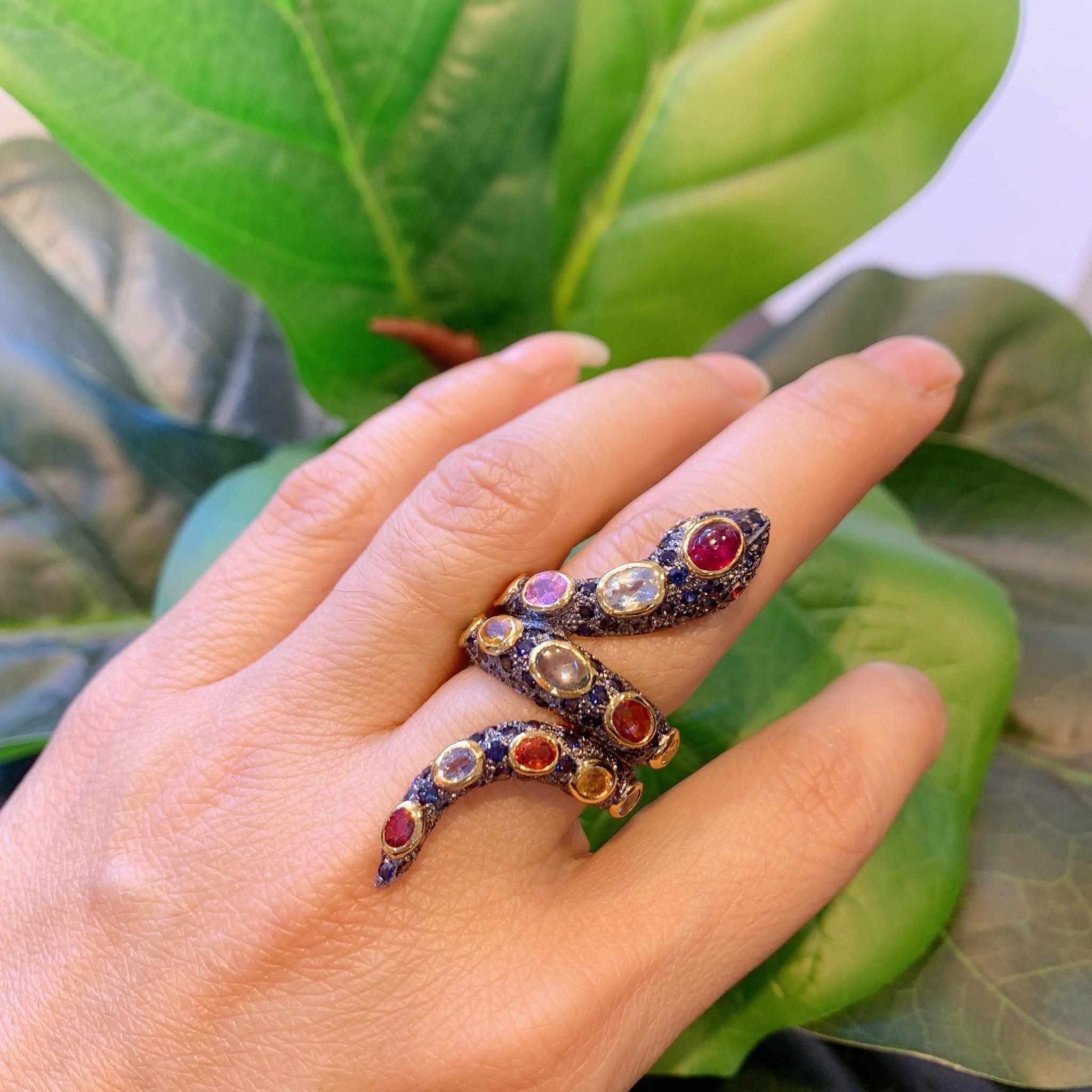 Baroque Revival Bochic “Orient” Serpent Fancy Sapphire & Ruby Ring Set In 18K Gold & Silver  For Sale