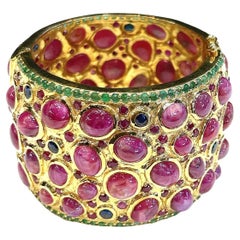 Bochic “Capri” 167 Carat Multi Ruby & Emerald Cuff Set In 18K Gold & Silver