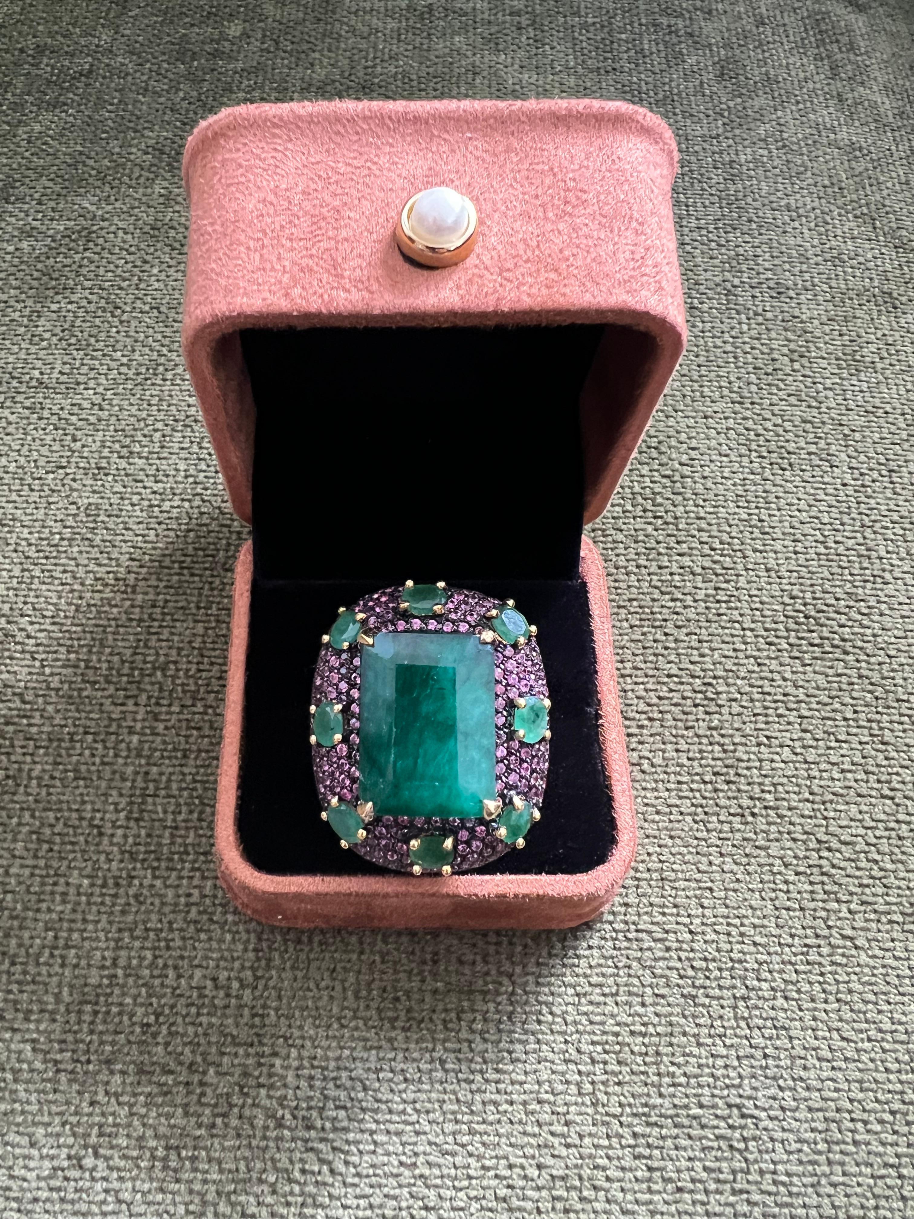 Bochic “Capri” 20 Carat Emerald & Pink Fancy Sapphire Ring Set 18K Gold & Silver For Sale 10