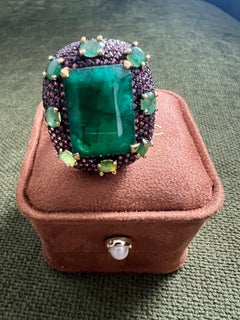Bochic “Capri” Vintage 20 Carat Emerald & Pink Sapphire Ring 18K Gold & Silver