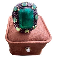 Bochic “Capri” 20 Carat Emerald & Pink Fancy Sapphire Ring Set 18K Gold & Silver