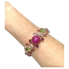 Bochic “Capri” 70 Carats Ruby & Multi Color Gem  Bracelet Set 18K Gold & Silver