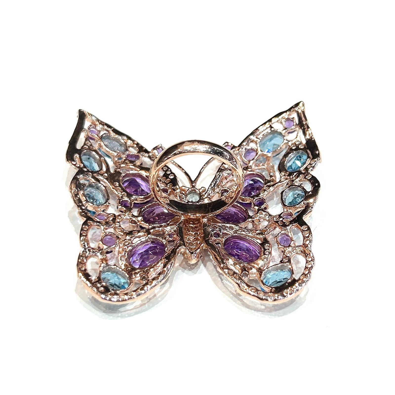 Bochic “Capri” Amethyst & Blue Topaz Butterfly Ring Set In 18K Gold & Silver For Sale 4