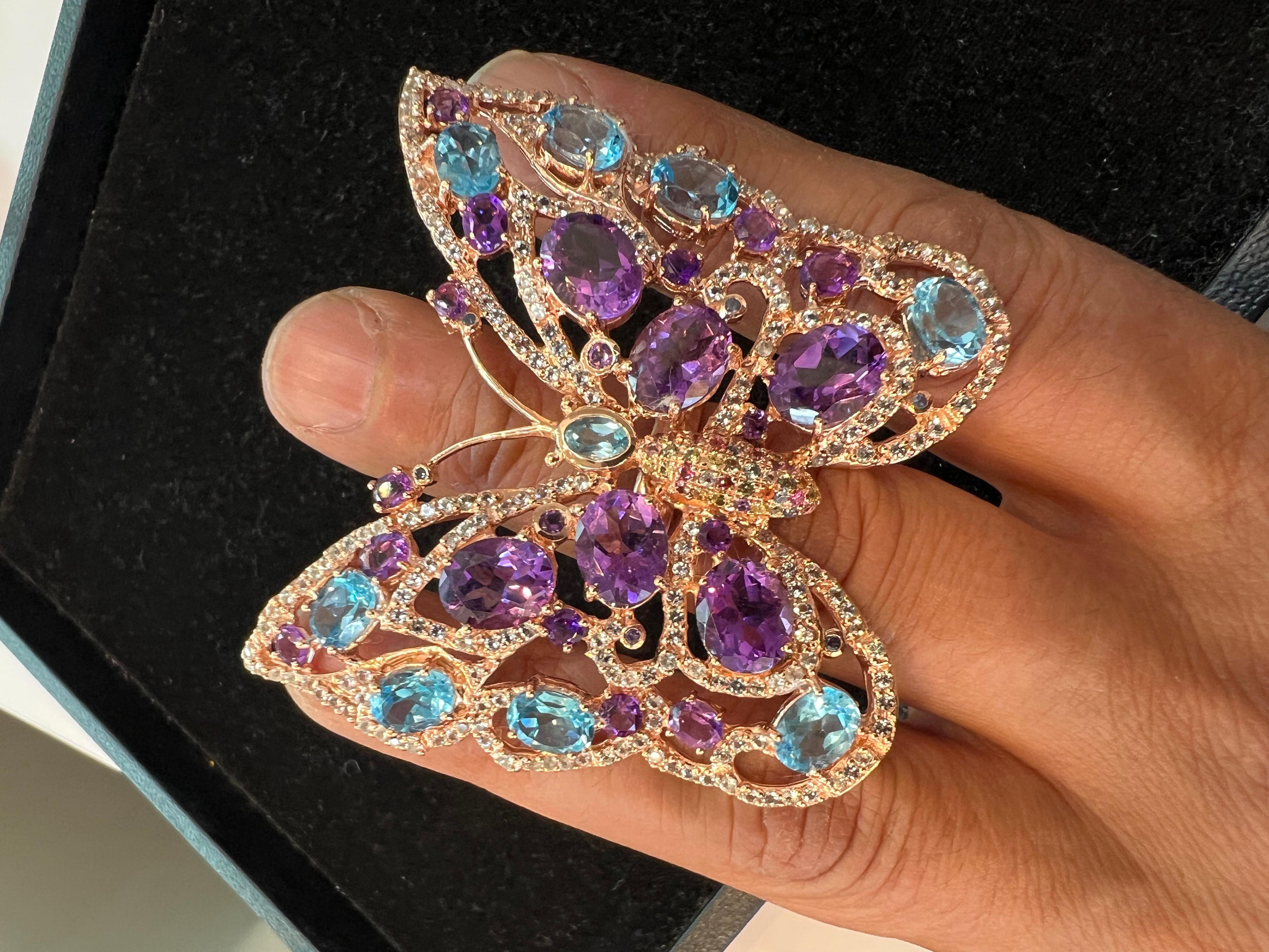 Women's or Men's Bochic “Capri” Amethyst & Blue Topaz Butterfly Ring Set In 18K Gold & Silver For Sale