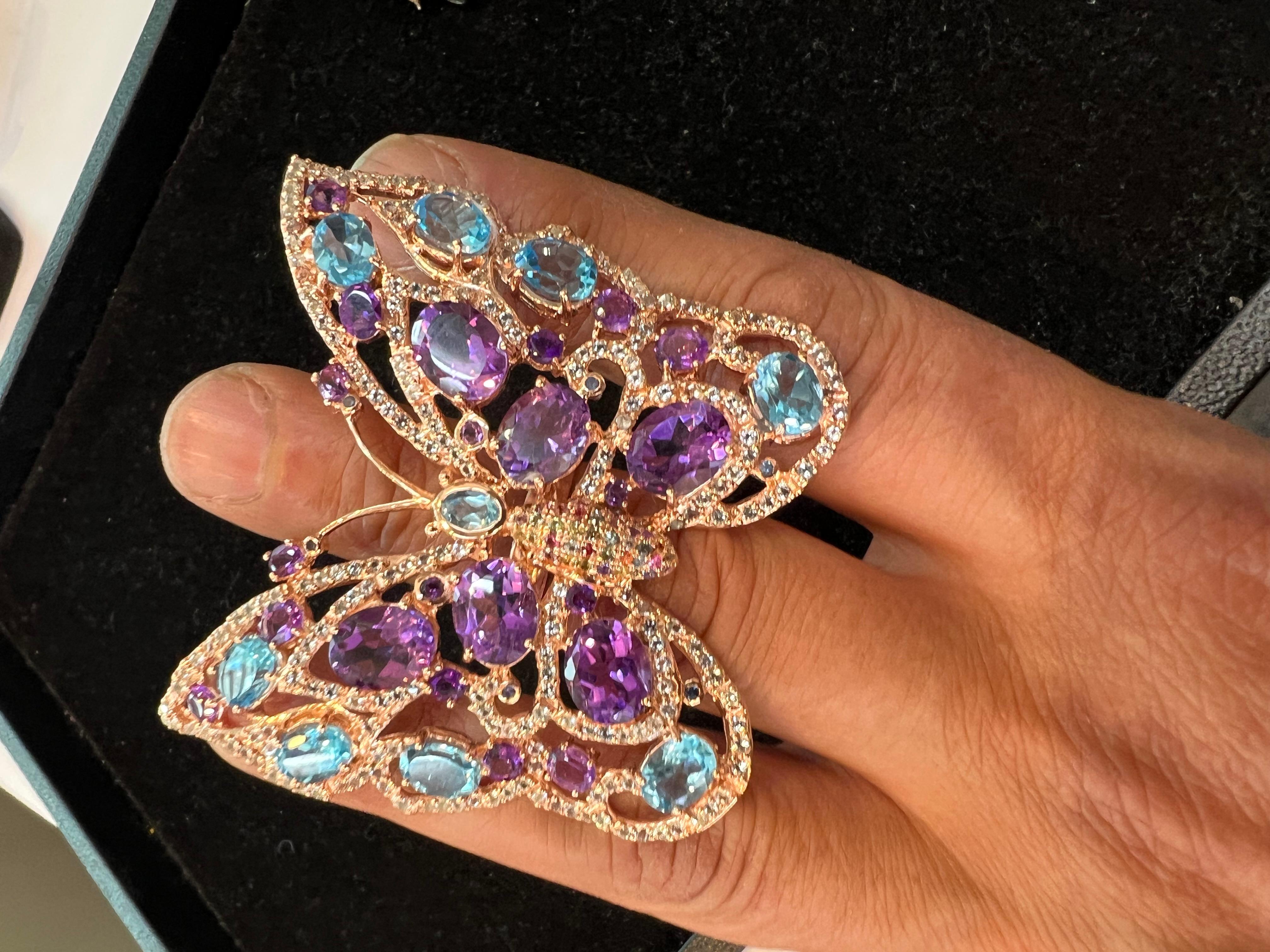 Bochic “Capri” Amethyst & Blue Topaz Butterfly Ring Set In 18K Gold & Silver For Sale 1
