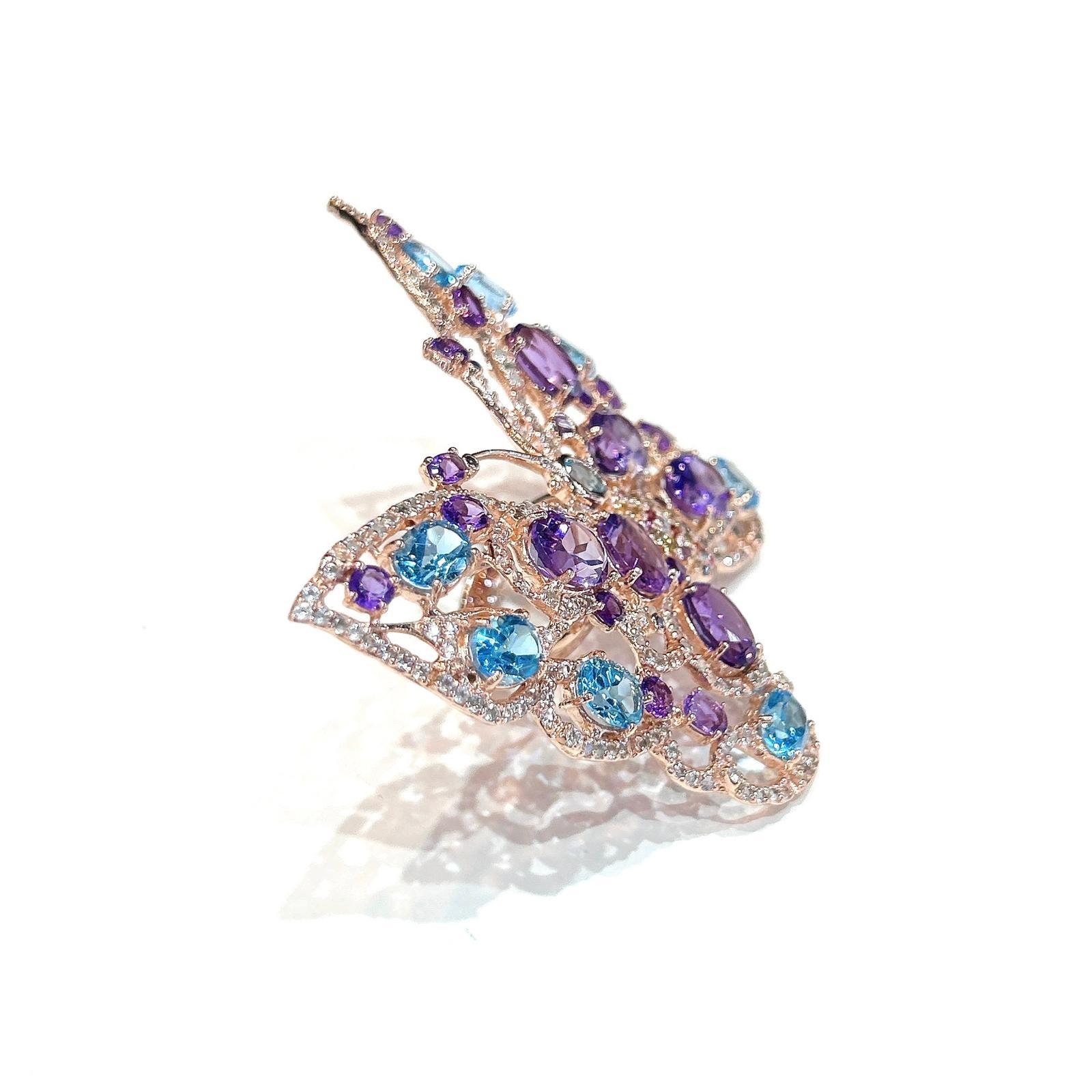 Bochic “Capri” Amethyst & Blue Topaz Butterfly Ring Set In 18K Gold & Silver For Sale 3