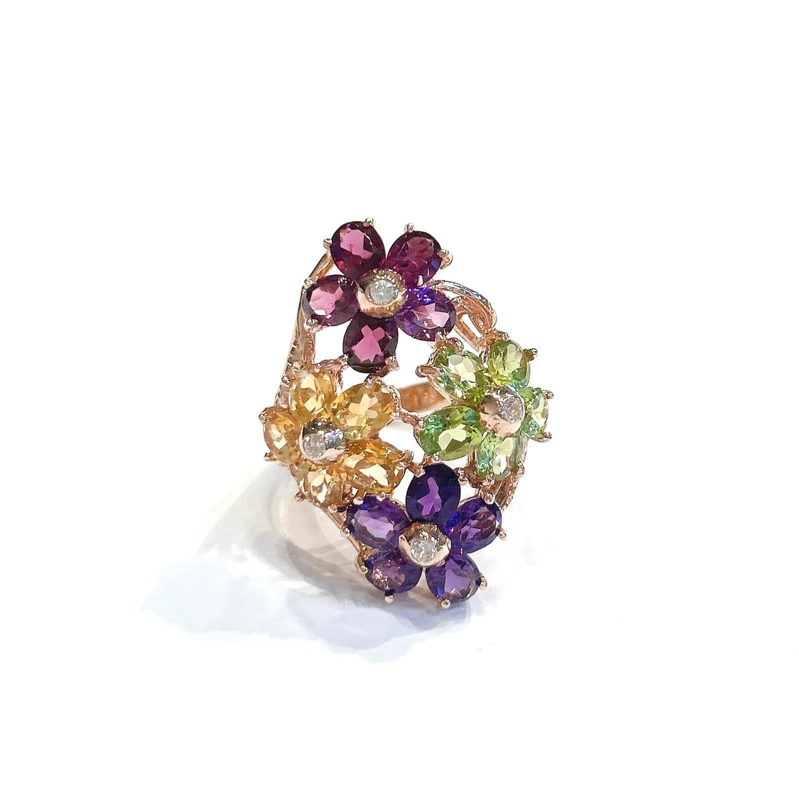 Bochic “Capri” Amethyst, Citrine & Peridot Ring Set In 18K Gold & Silver 

Natural Amethyst - 3 Carats 
Natural Citrine - 3 Carats 
Natural Peridot - 3 Carats 
Natural Rodorite - 3 Carats 

This Ring is from the 