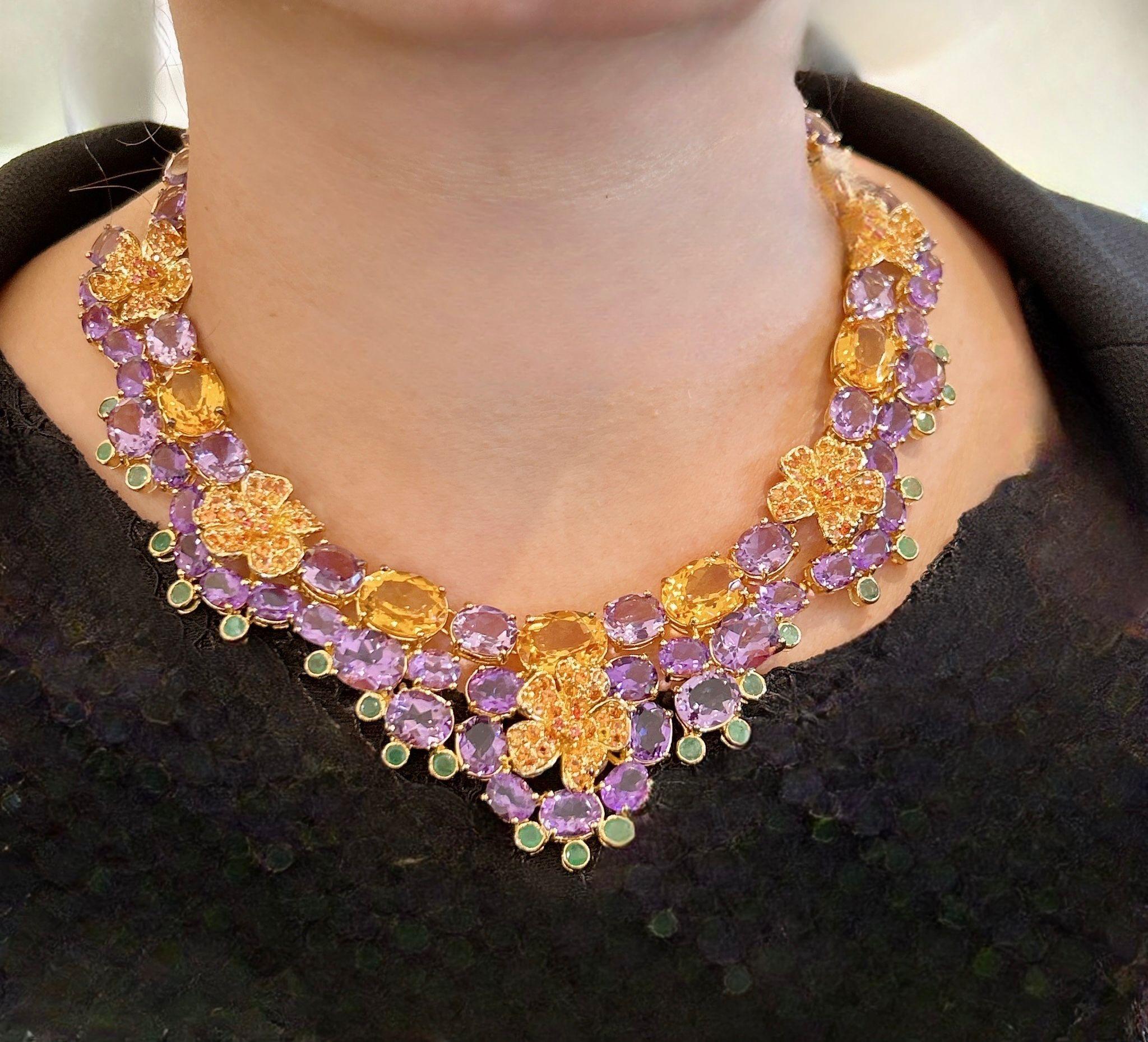 Bochic “Capri” Amethyst, Emerald, Citrin & Sapphire Necklace Set 18K & Silver 

Natural Amethyst - 52 Carats 
Natural Emeralds  - 21 Carats 
Natural Citrin - 22 Carats 
Natural Multi color sapphires - 12 Carats

Fantastic Bochic 
