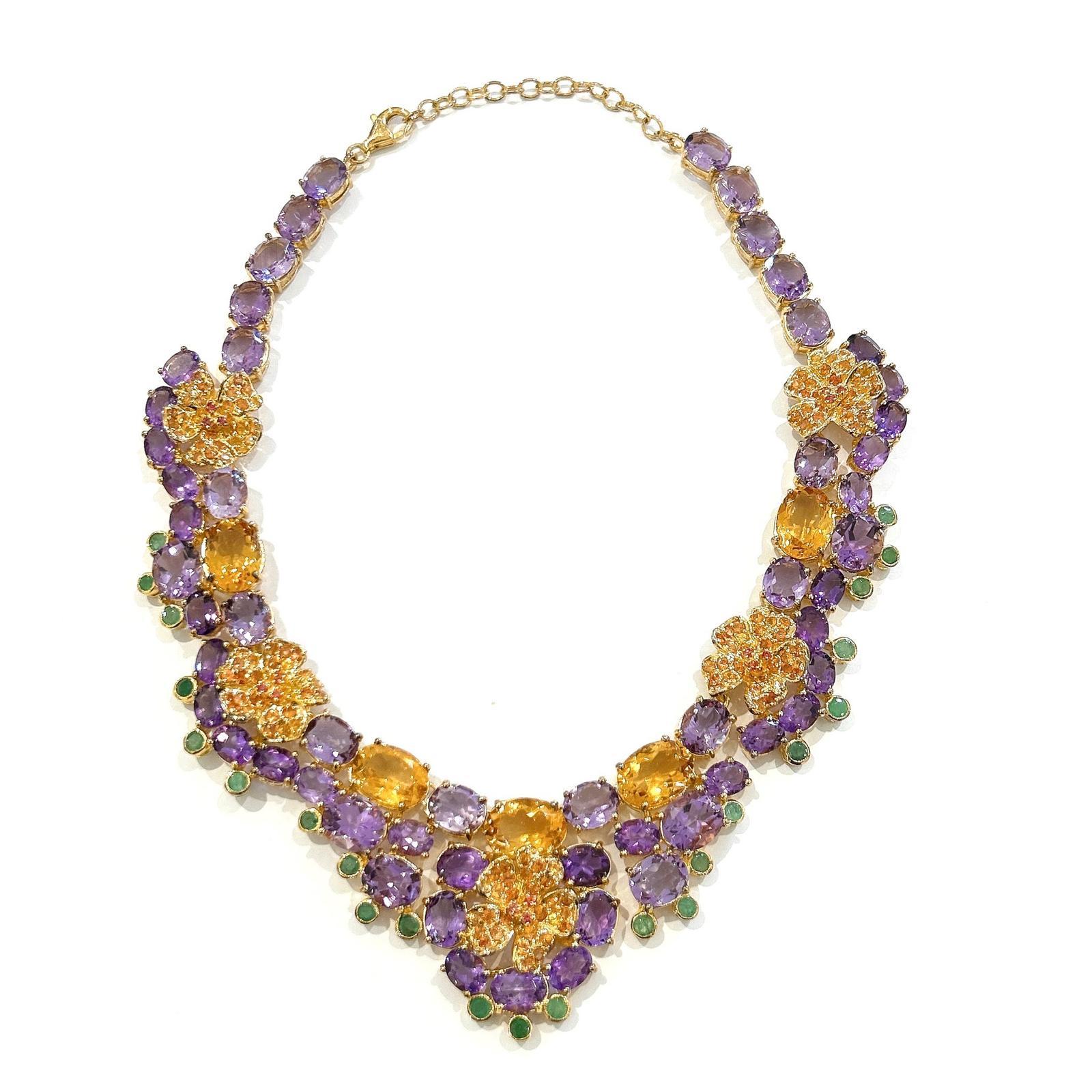 Baroque Bochic “Capri” Amethyst, Emerald, Citrin & Sapphire Necklace Set 18K & Silver For Sale