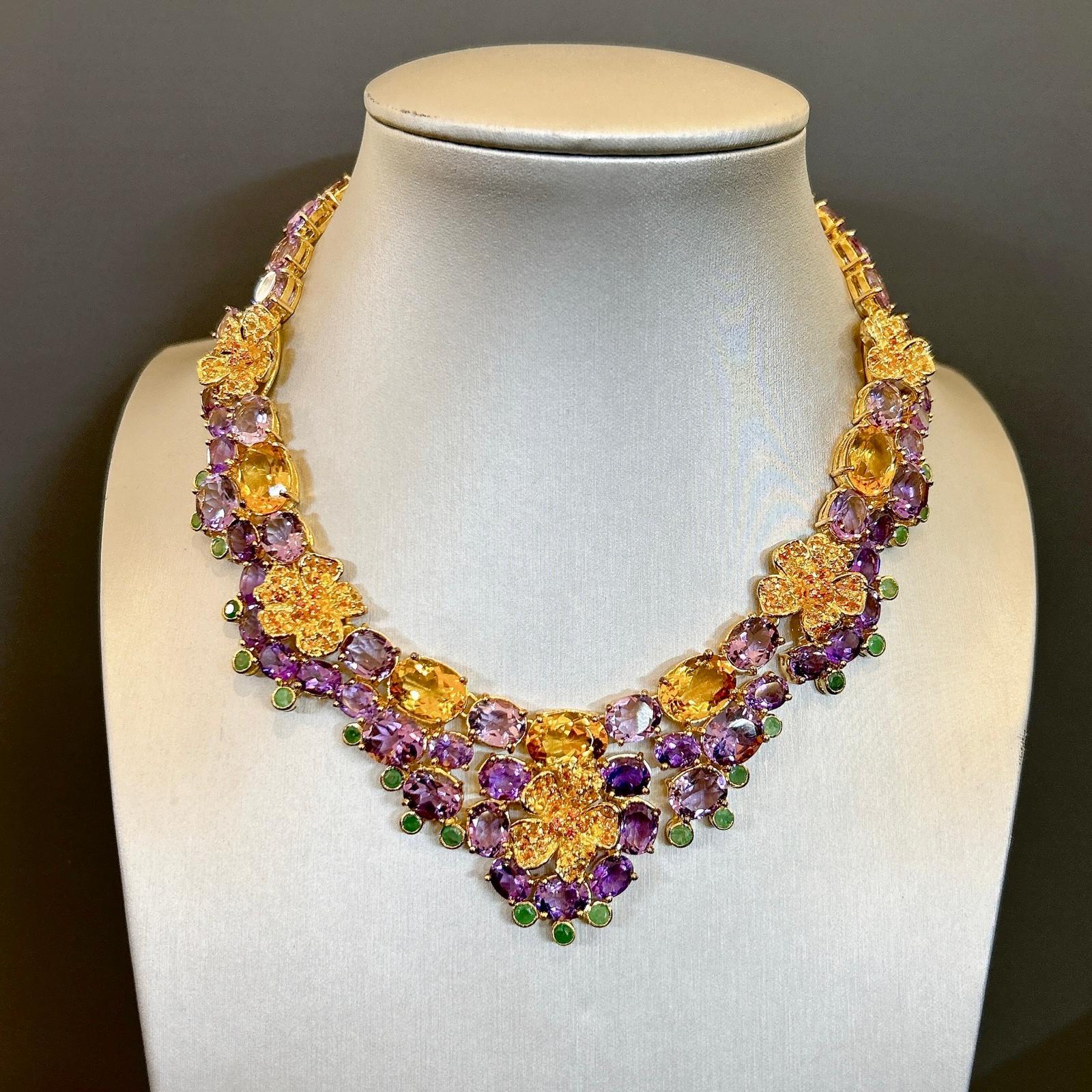 Bochic “Capri” Amethyst, Emerald, Citrin & Sapphire Necklace Set 18K & Silver For Sale 1