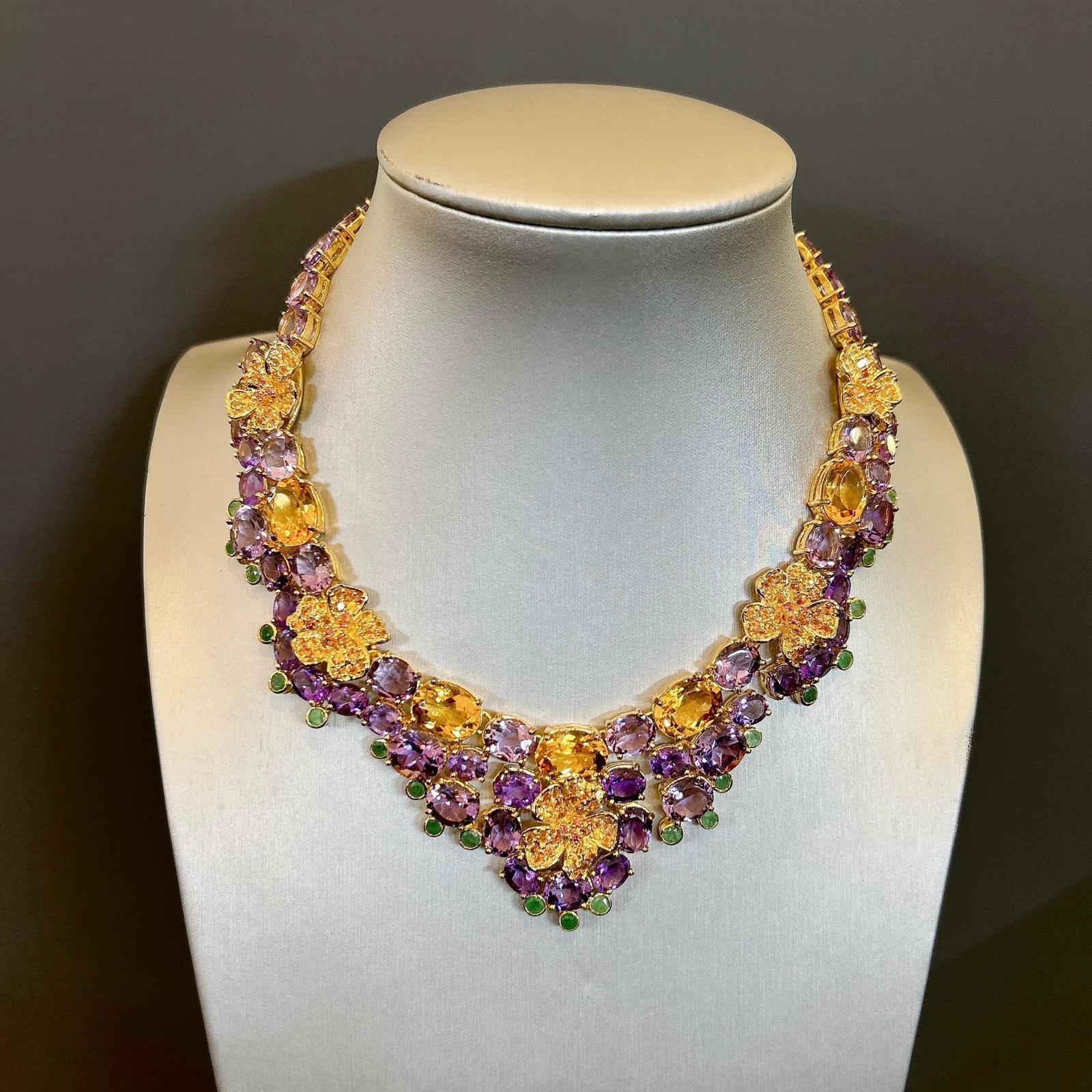 Bochic “Capri” Amethyst, Emerald, Citrin & Sapphire Necklace Set 18K & Silver For Sale 2
