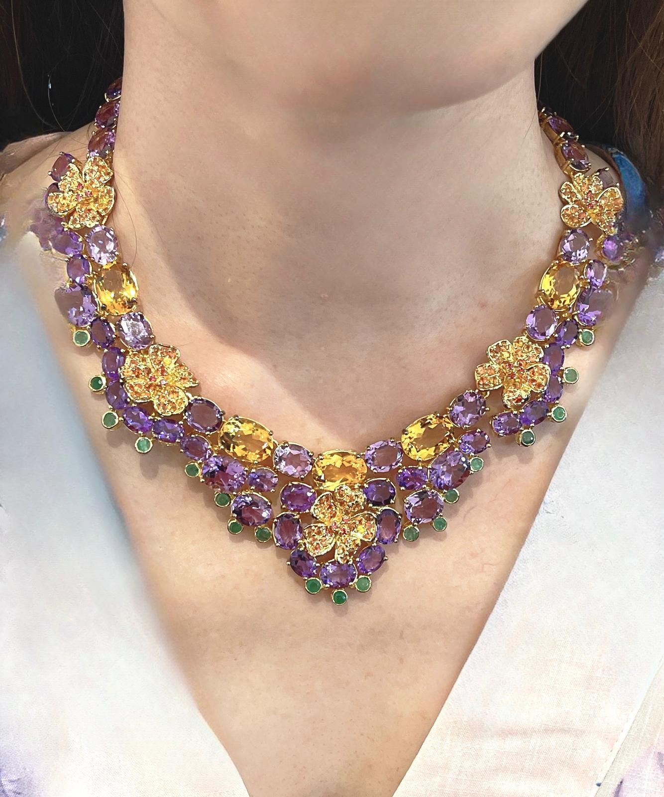 Bochic “Capri” Amethyst, Emerald, Citrin & Sapphire Necklace Set 18K & Silver For Sale 3