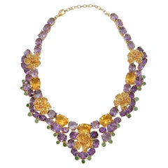 Bochic “Capri” Amethyst, Emerald, Citrin & Sapphire Necklace Set 18K & Silver