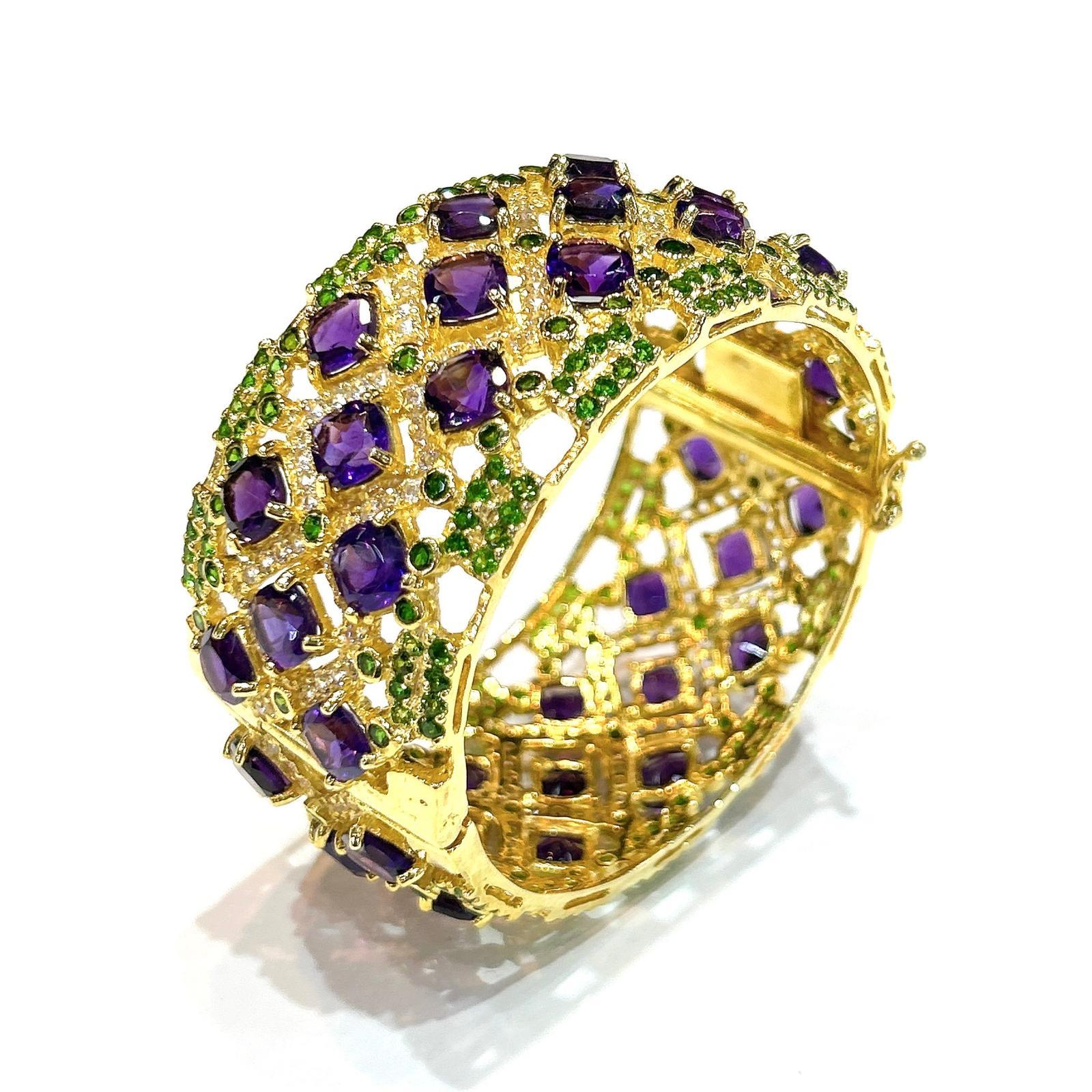 Bochic “Capri” Amethyst & Multi Color Gem & Cuff Set In 18K Gold & Silver For Sale 1