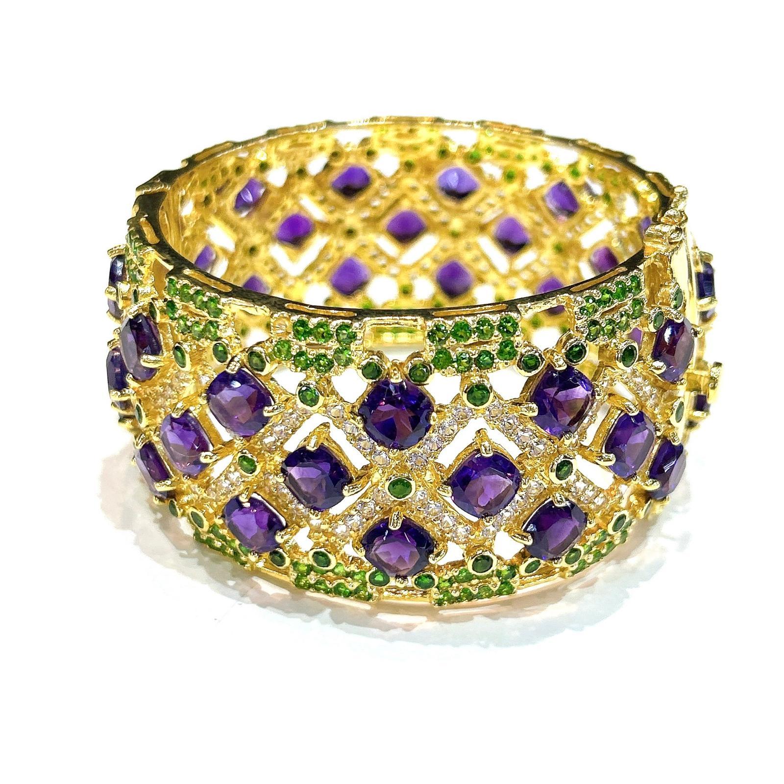 Bochic “Capri” Amethyst & Multi Color Gem & Cuff Set In 18K Gold & Silver For Sale 2