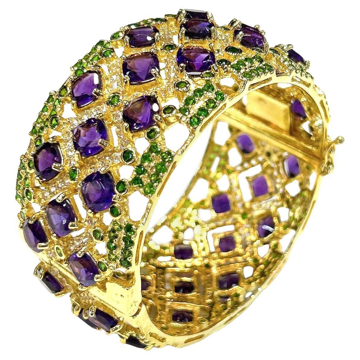Bochic “Capri” Amethyst & Multi Color Gem & Cuff Set In 18K Gold & Silver