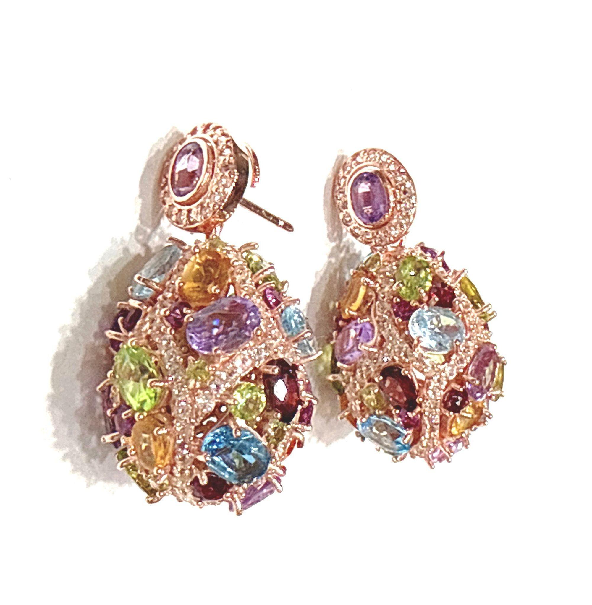 Bochic “Capri” Amethyst  & Multi Gem Cage Earrings Set In 18K Gold & Gold For Sale 4