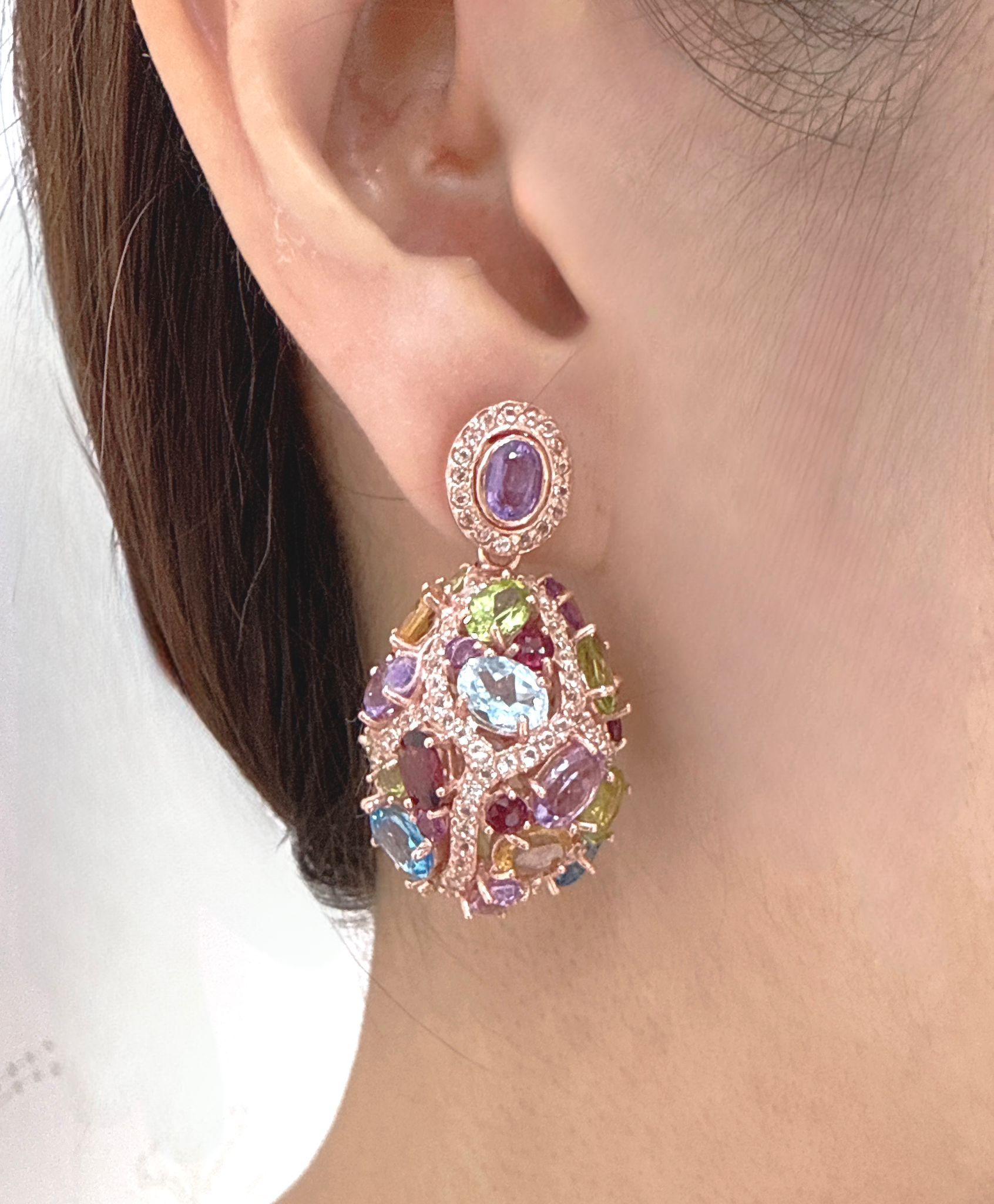 Women's or Men's Bochic “Capri” Amethyst  & Multi Gem Cage Earrings Set In 18K Gold & Gold For Sale
