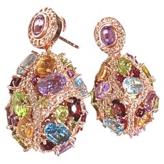 Bochic “Capri” Amethyst  & Multi Gem Cage Earrings Set In 18K Gold & Gold