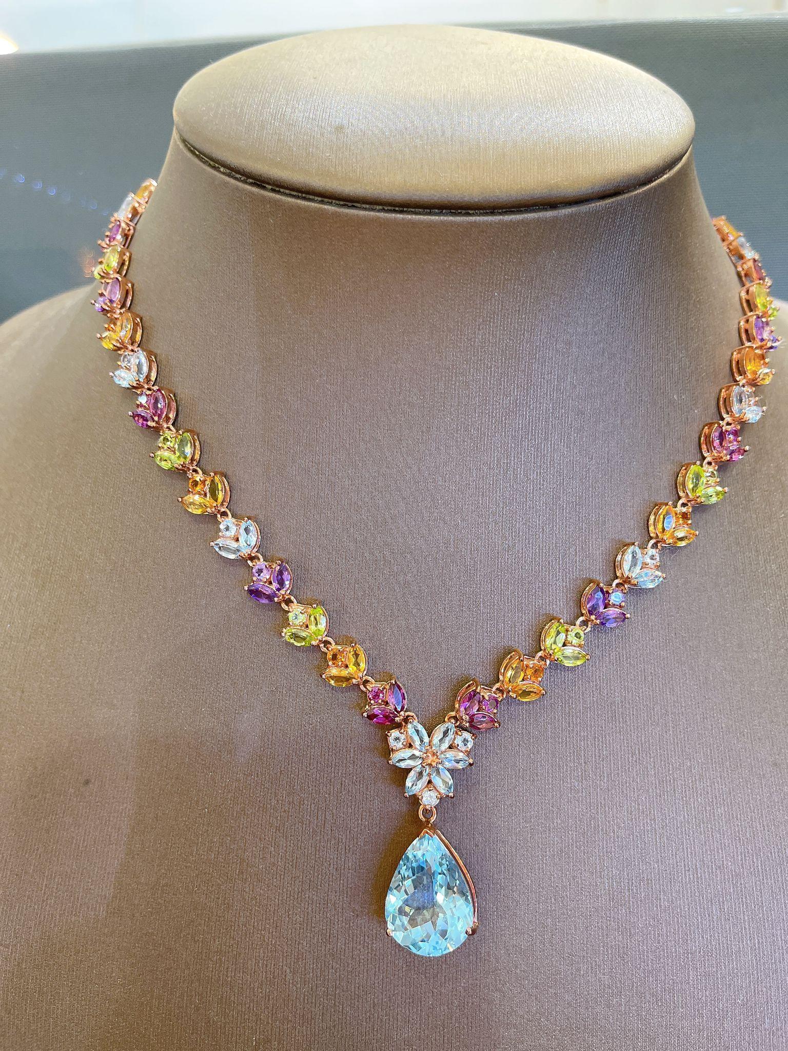Art Deco Bochic “Capri” Amethyst, Topaz, Citrine & Peridot Necklace in 18K & Silver For Sale