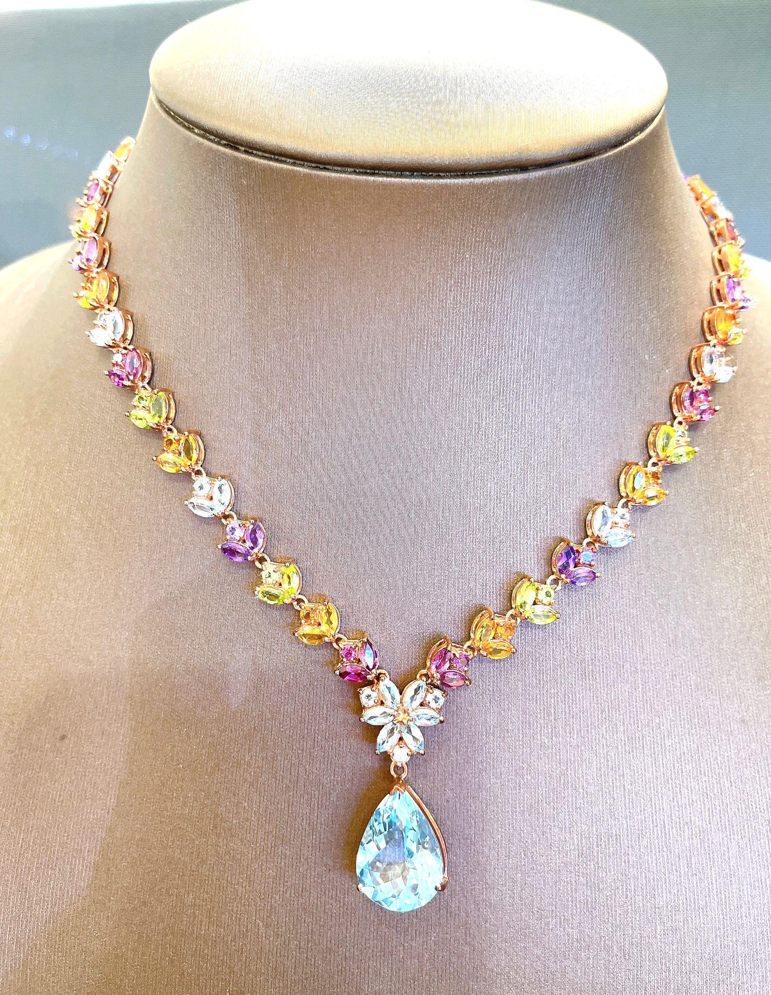 Brilliant Cut Bochic “Capri” Amethyst, Topaz, Citrine & Peridot Necklace in 18K & Silver For Sale