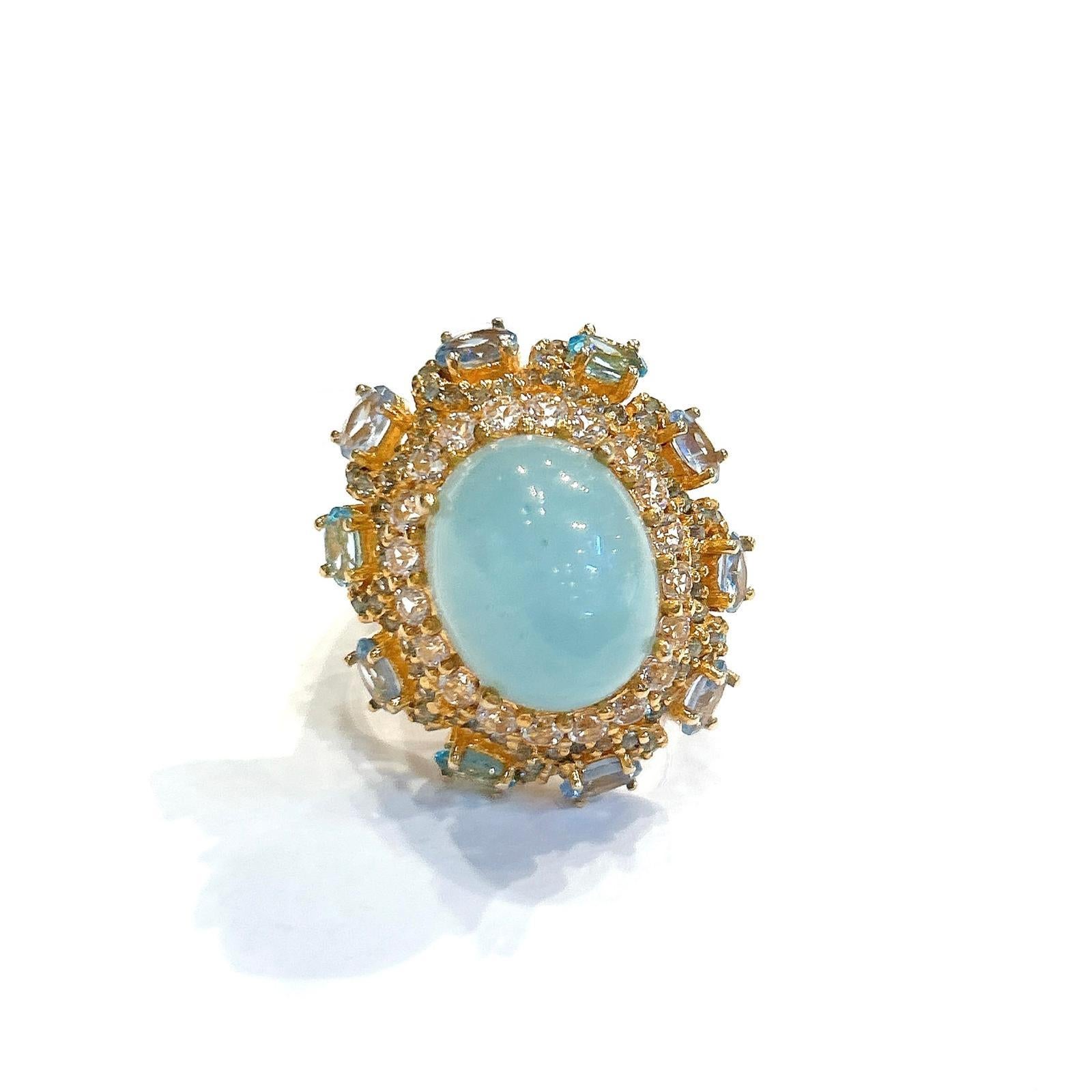 Baroque Bochic “Capri” Aquamarine & Blue Topaz Cocktail Ring Set In 18K Gold & Silver For Sale