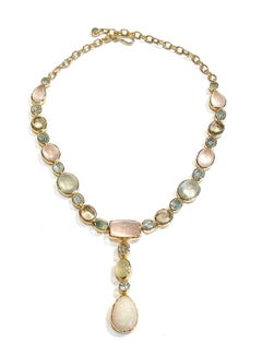 Bochic “Capri” Vintage Aquamarine, Lemon & Rose Quartz, Opal Necklace 18K & Silv