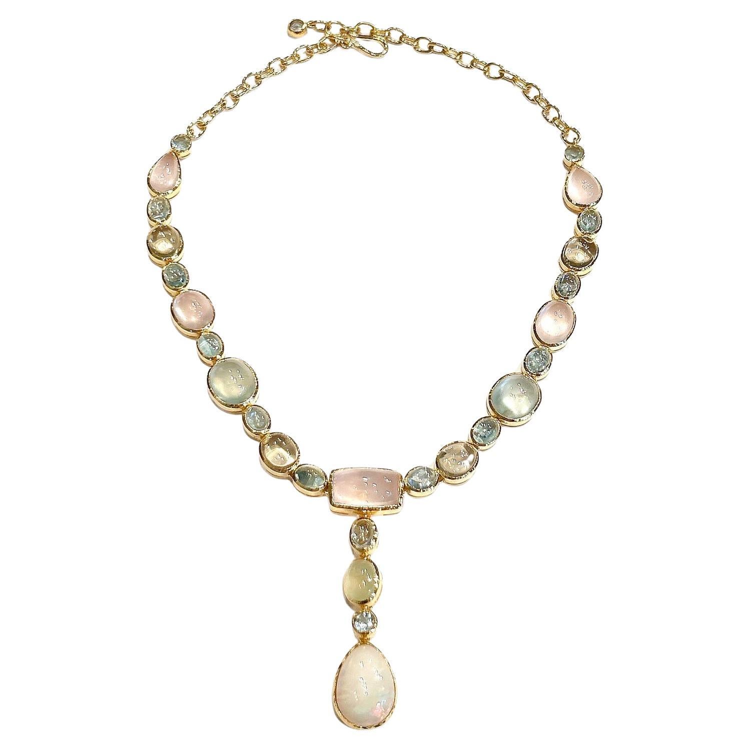 Juego de collar Bochic "Capri" Aguamarina, Cuarzo Rosa y Limón, Ópalo 18K y Plata