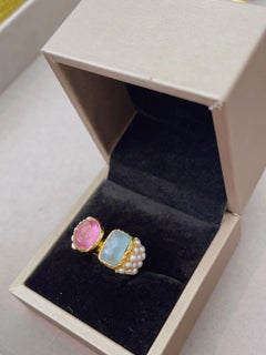 Bochic “Capri” Aquamarine & Red Ruby Cocktail Ring Set in 22k Gold & Silver