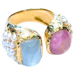 Bochic “Capri” Aquamarine & Red Ruby Cocktail Ring Set in 22k Gold & Silver