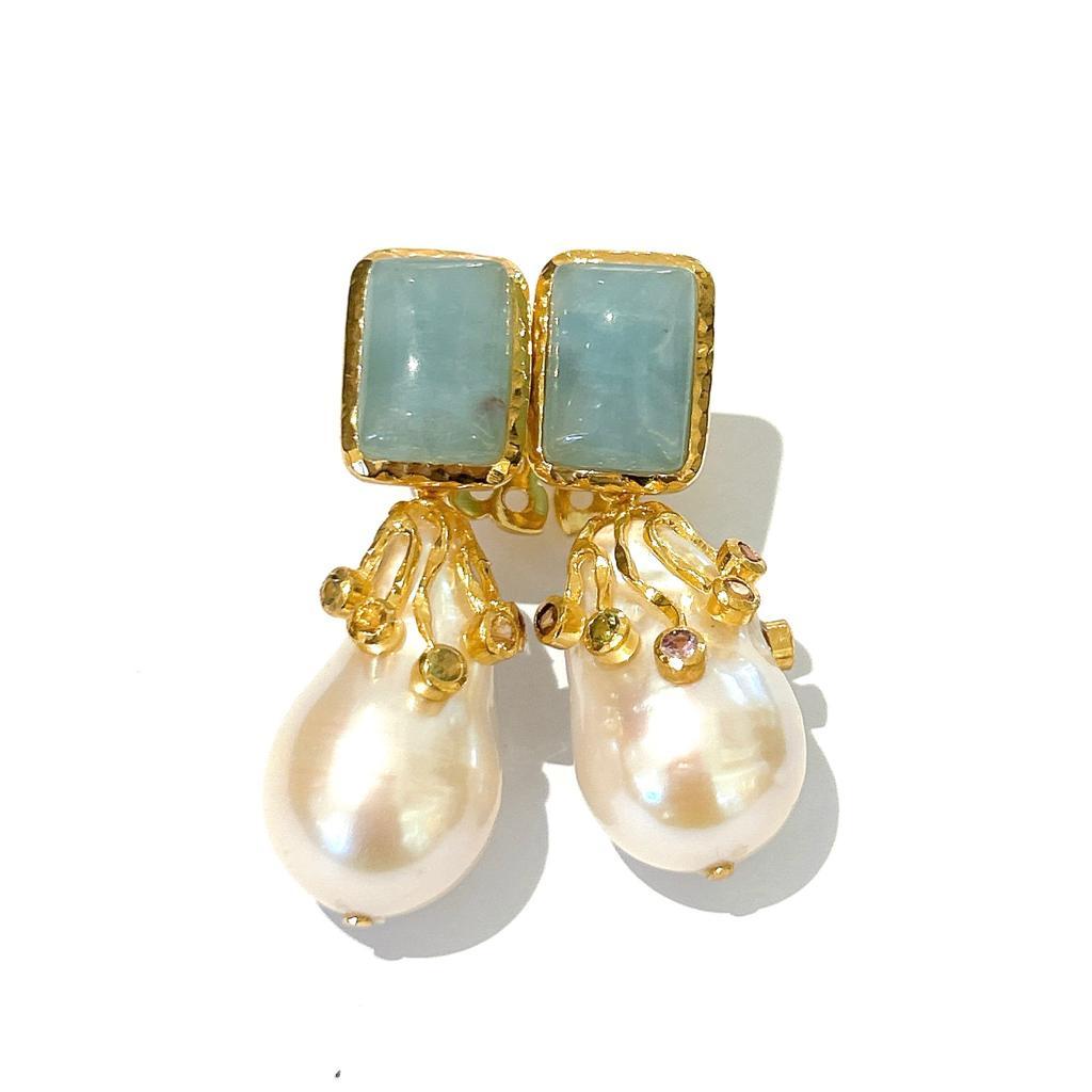 Bochic “Capri” Aquamarine & Sapphire, Pearl Earrings Set In 18K Gold & Silver 

Natural Aquamarine -8 Carat 
Natural Multi Color Sapphire - 1 Carat 
South Sea White Pearls 

The earrings from the 