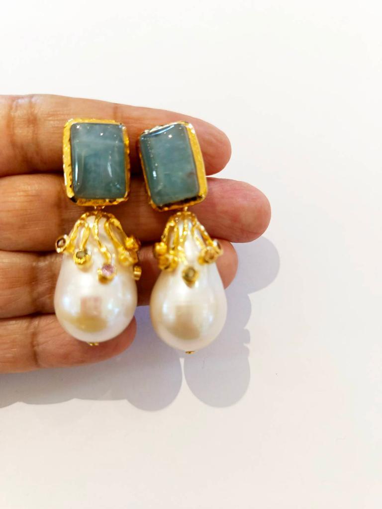 Baroque Bochic “Capri” Aquamarine & Sapphire, Pearl Earrings Set In 18K Gold & Silver  For Sale